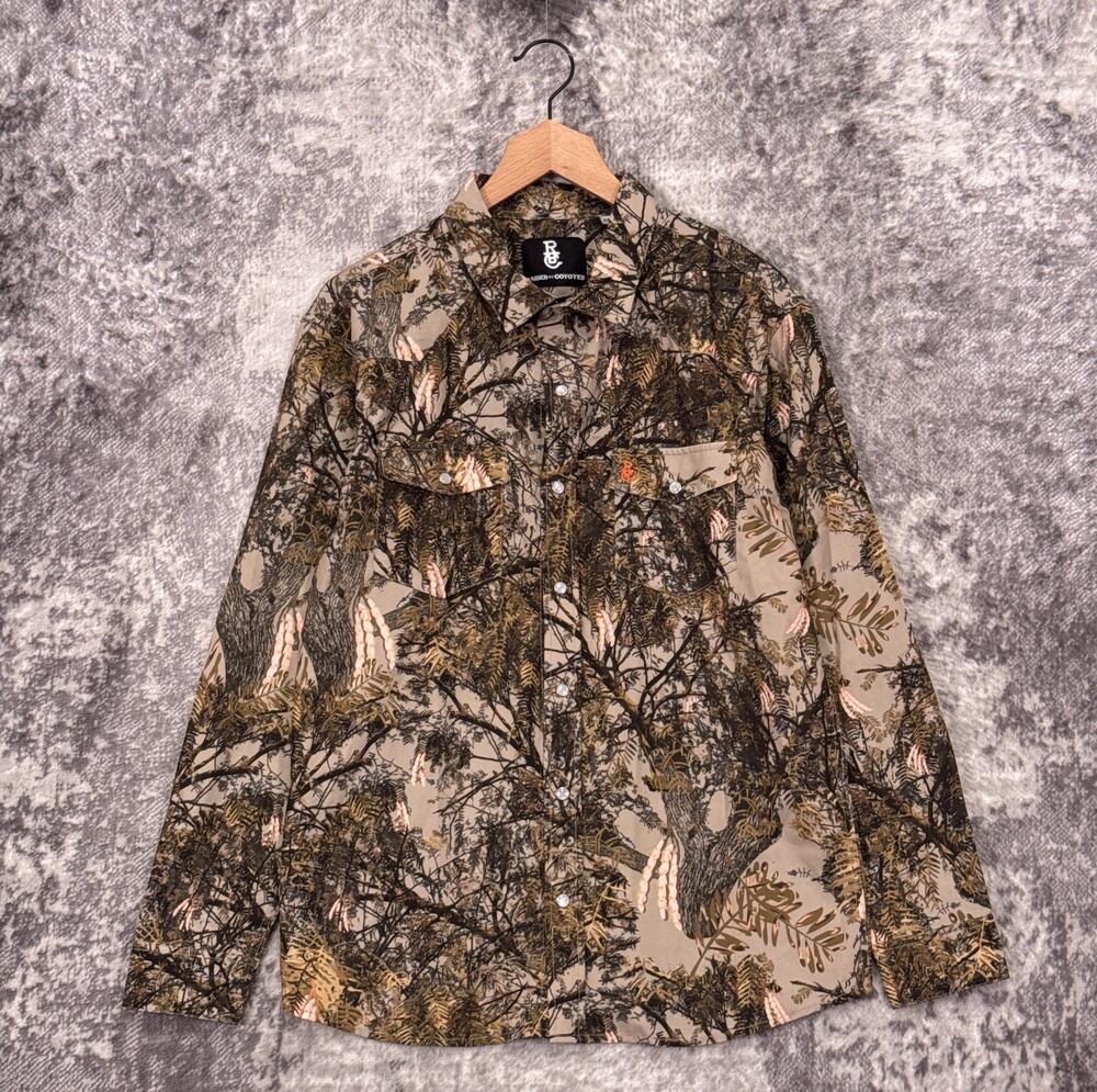 Raised By Coyotes Western Shirt Medium Mens Pearl Snap Mesquite Camo